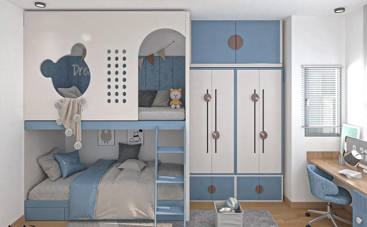 Thiáº¿t káº¿ phÃ²ng chung cho 2 bÃ© gam mÃ u xanh - tráº¯ng Ä'á»™c Ä'Ã¡oÂ