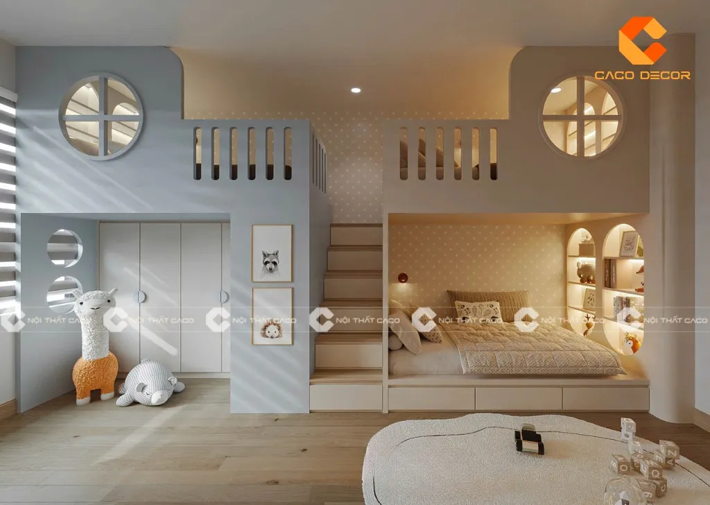 Phòng ngủ giường tầng cho gia đình có 3 bé nhỏ