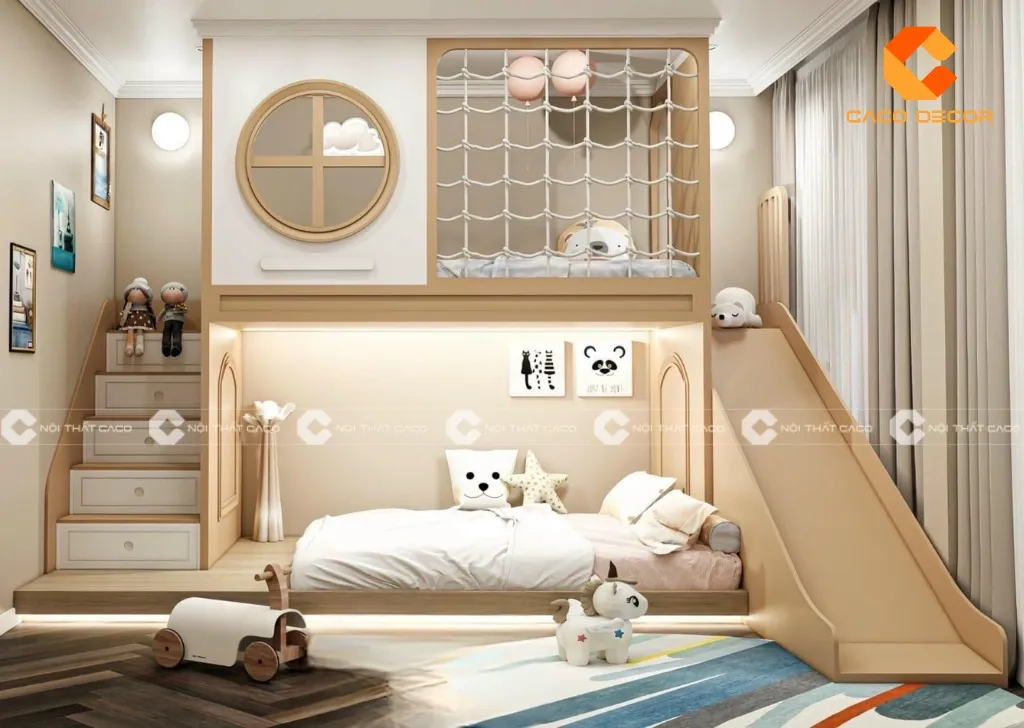 Phòng ngủ giường tầng với thiết kế bậc thang lớn giúp an toàn cho người dùng
