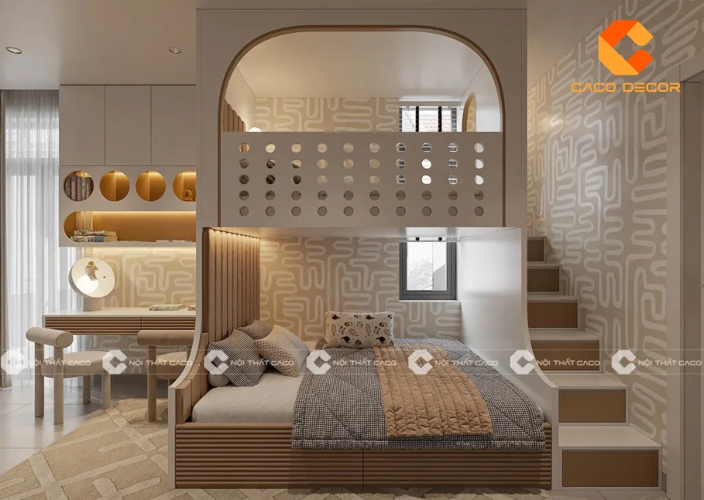 Phòng ngủ giường tầng thiết kế vừa vặn với chiều cao trần nhà