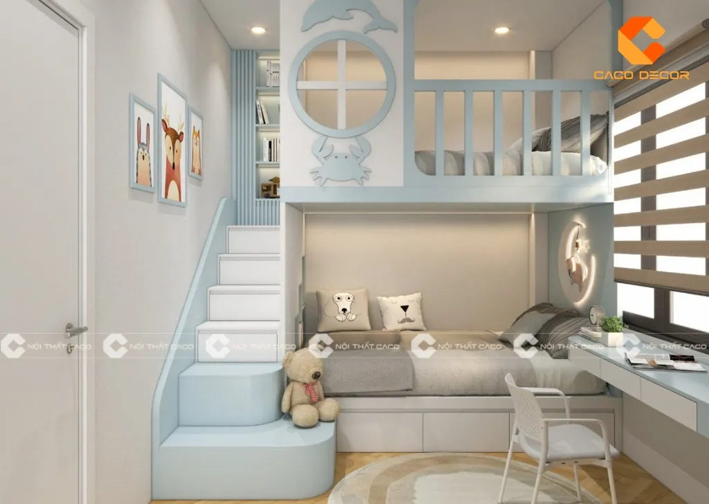 Phòng ngủ giường tầng màu xanh đẹp mắt thêm sinh động cho căn phòng của bé