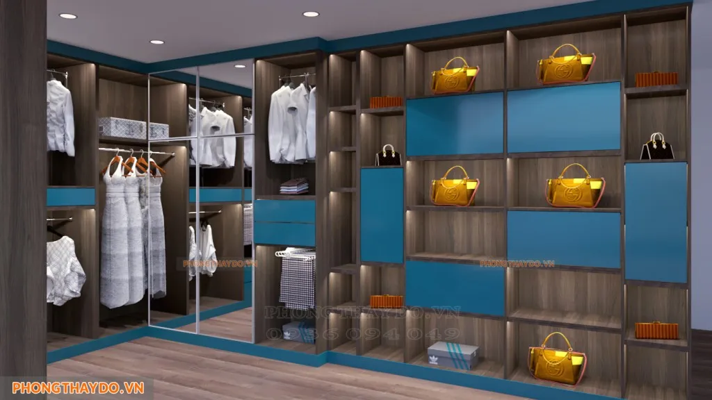 Phòng thay đồ với hệ tủ túi xách trang trí