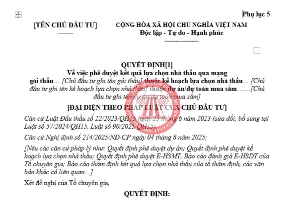 Mẫu quyết định phê duyệt kết quả lựa chọn nhà thầu theo Thông tư 79/2025/TT-BTC