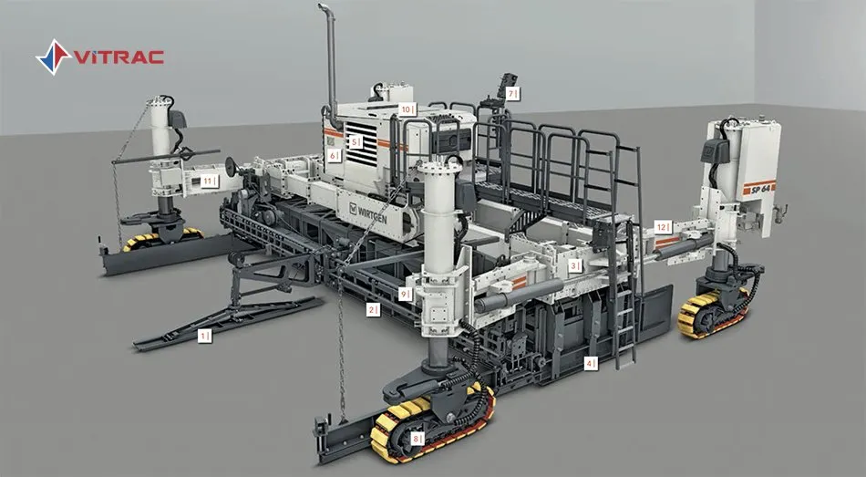 Toàn cảnh thiết bị máy trải bê tông xi măng Wirtgen SP64 với cấu hình mạnh mẽ đáp ứng mọi tiêu chuẩn kỹ thuật