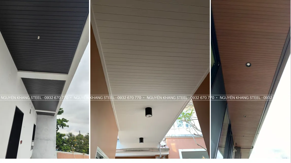 Công nhân đang thực hiện lắp đặt tấm xi măng ốp trần lên hệ khung xương sắt tại công trình