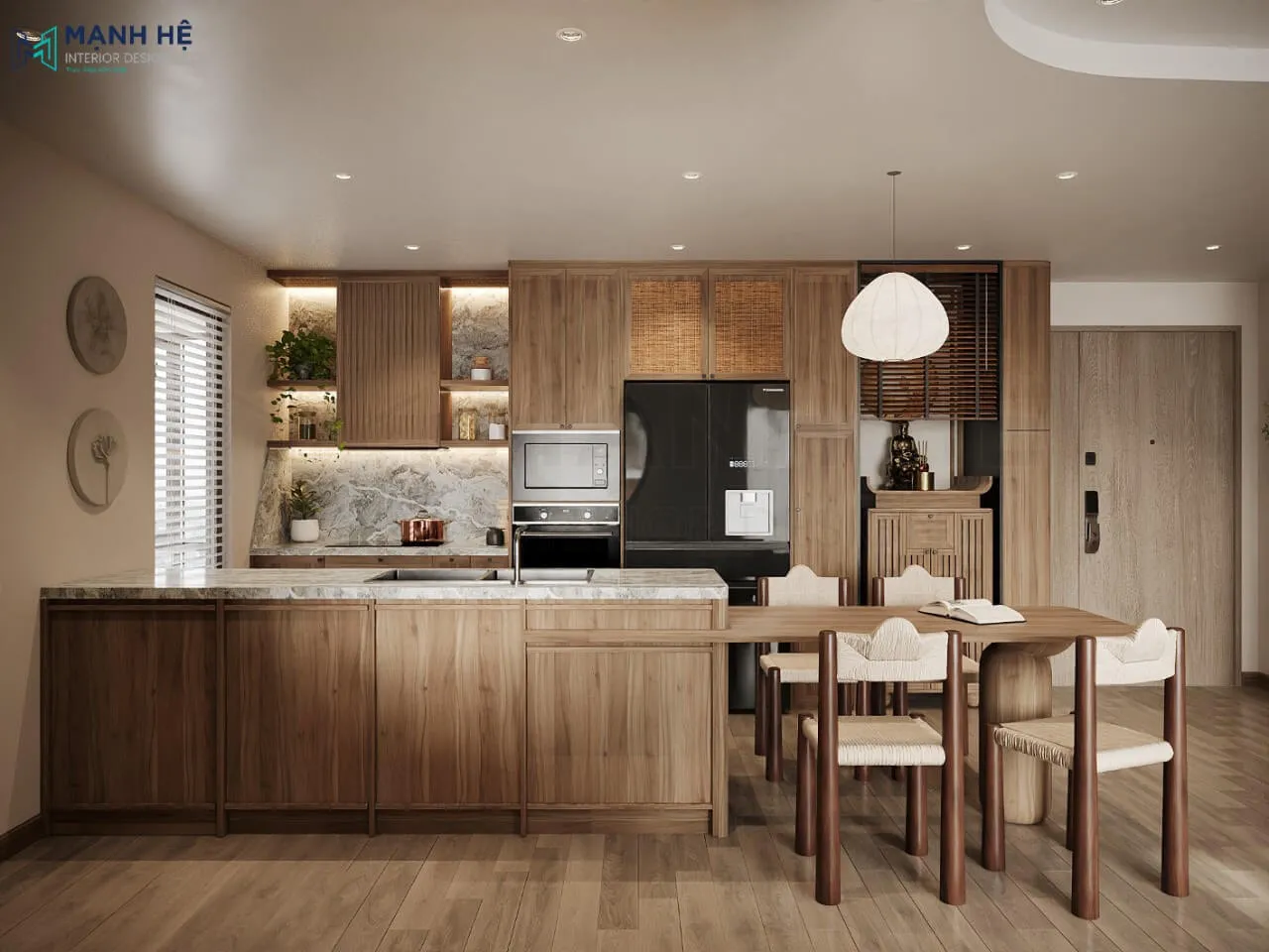 Hệ tủ bếp chữ i nhỏ xinh tích hợp cùng hệ tủ thờ trang nghiêm