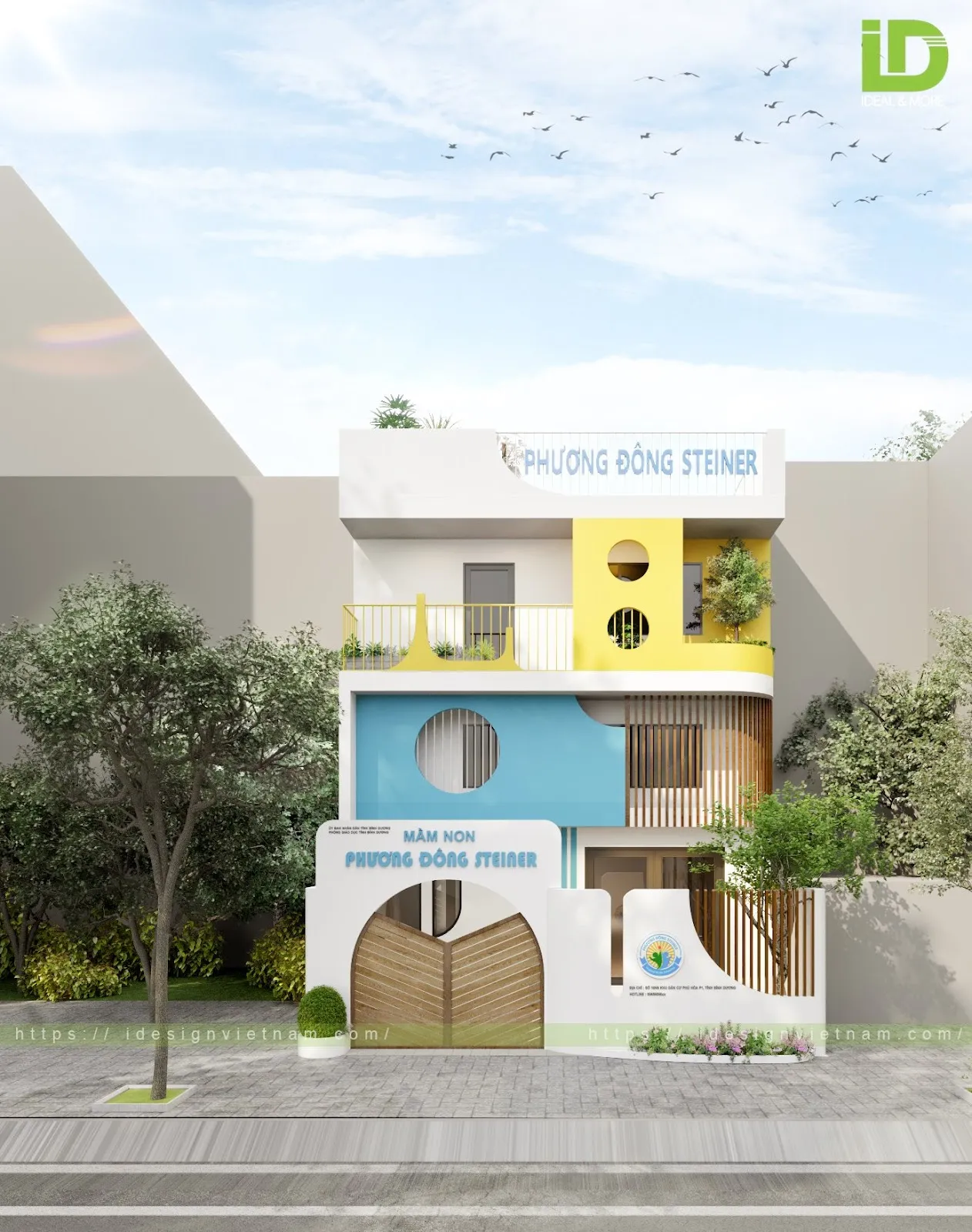 Thiết kế cổng trường mầm non theo phong cách hiện đại tối giản với tông màu nổi bật