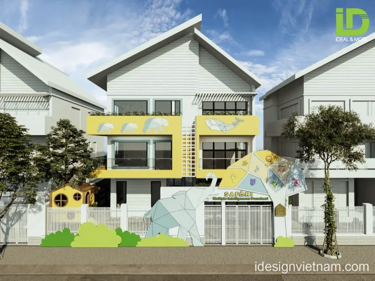 Mẫu thiết kế cổng trường mầm non tích hợp họa tiết trang trí vui nhộn