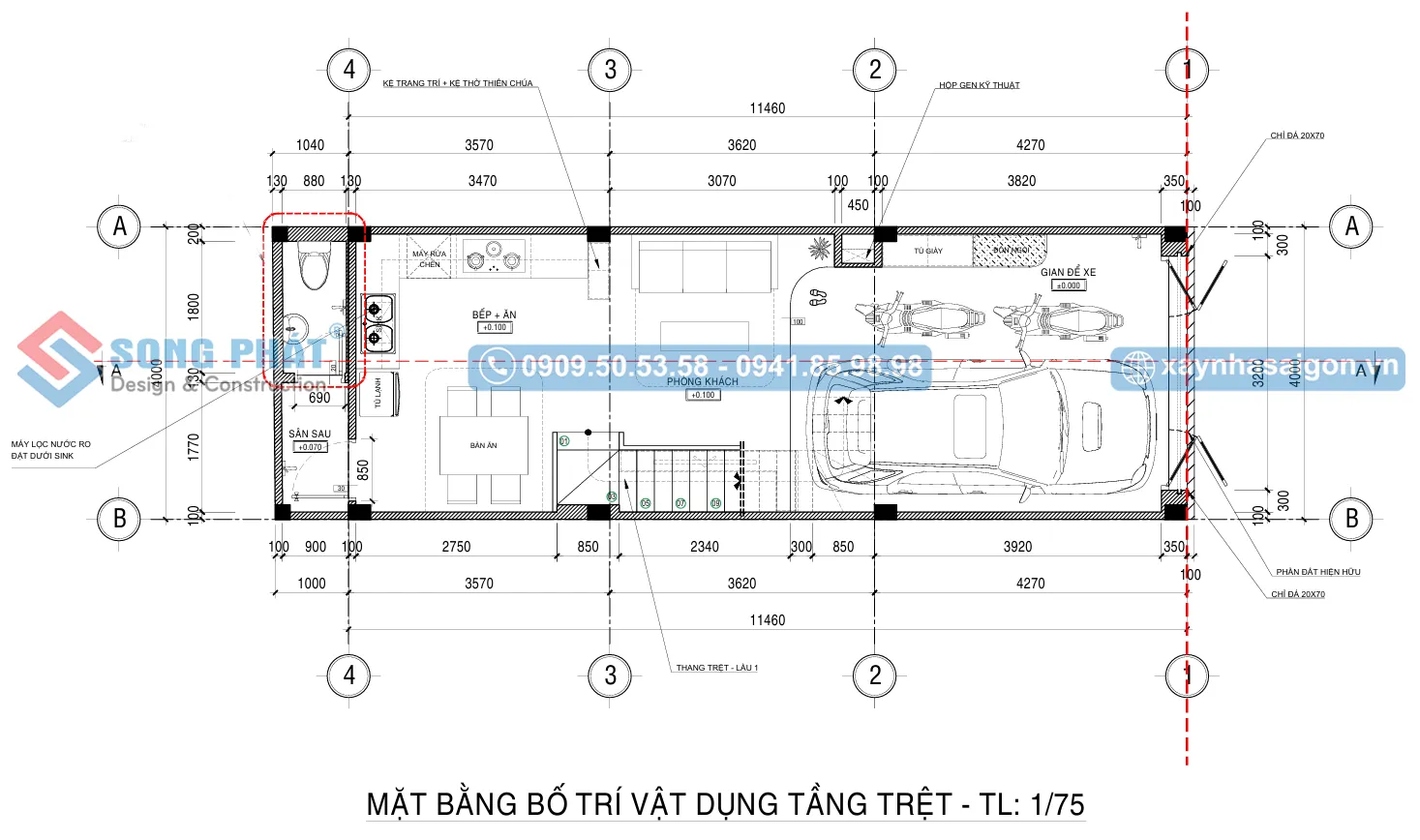 Mặt bằng bố trí vật dụng tầng trệt