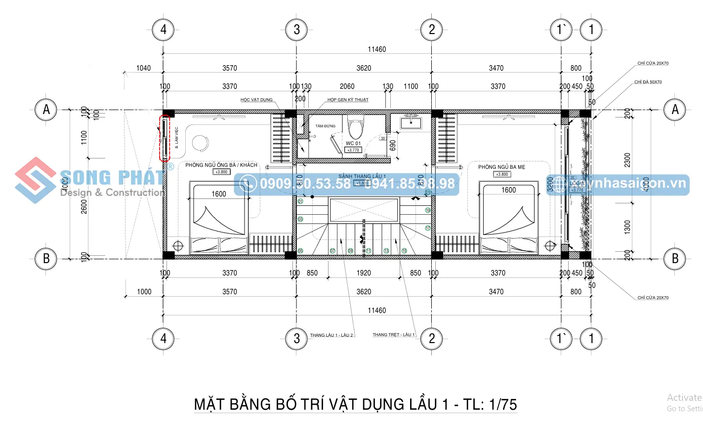 Mặt bằng bố trí vật dụng lầu 1