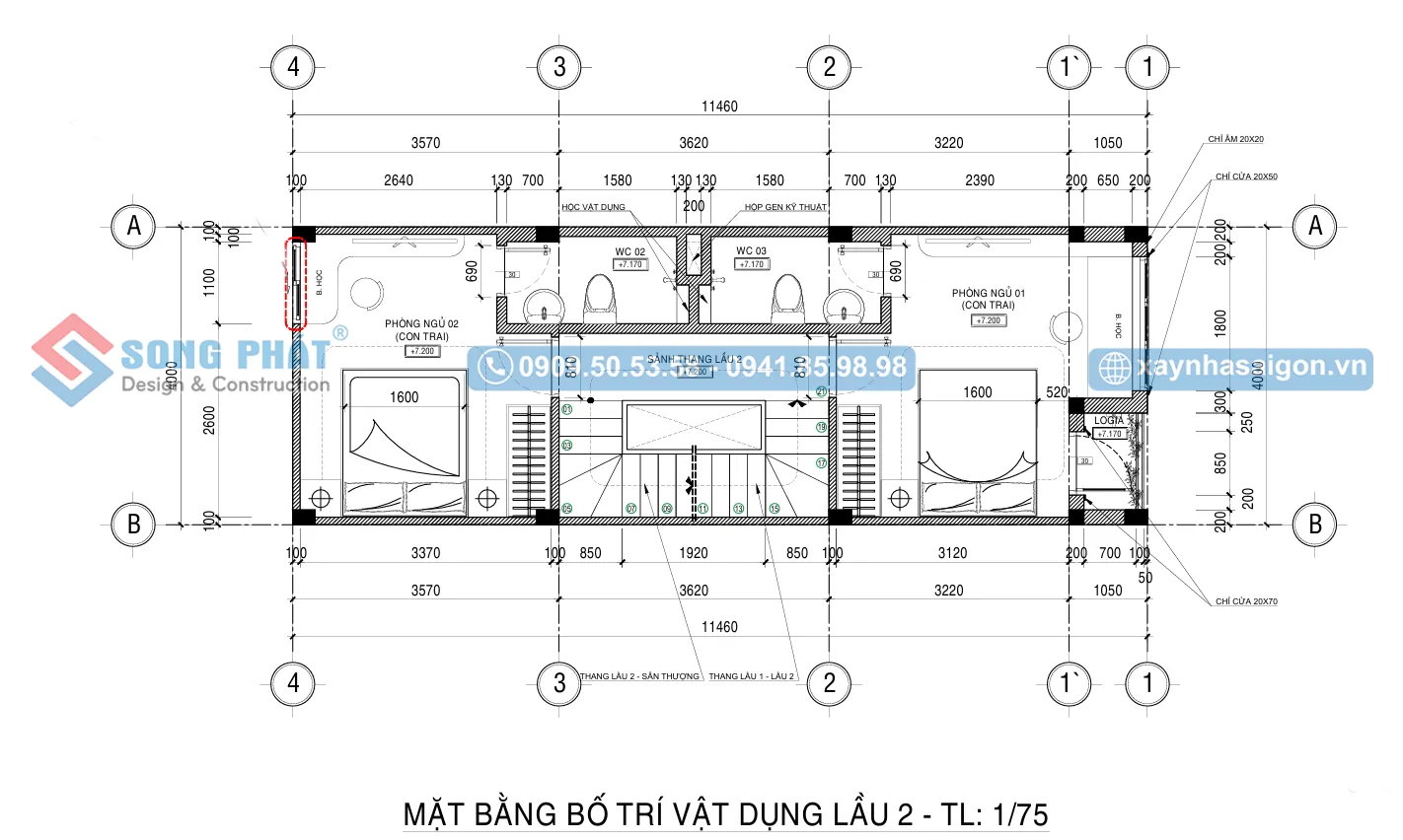 Mặt bằng bố trí vật dụng lầu 2