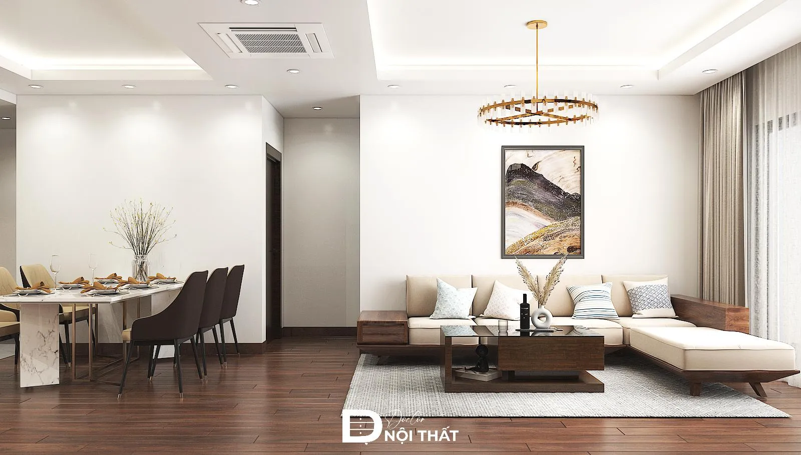 Mẫu thiết kế căn hộ 45m2 1 phòng ngủ kết hợp giữa gam màu nâu trầm và màu kem