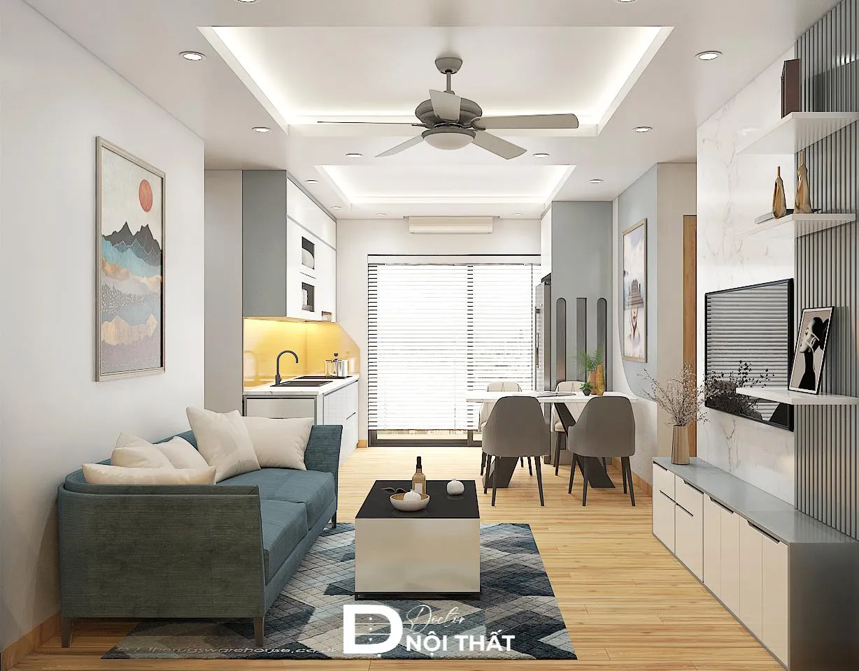 Mẫu thiết kế căn hộ 45m2 2 phòng ngủ với phòng khách rộng rãi với màu sắc đa dạng, hòa hợp