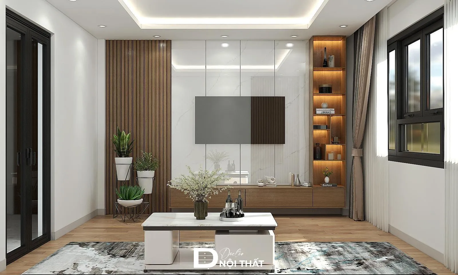 Mẫu thiết kế căn hộ 45m2 1 phòng ngủ sử dụng chất liệu gỗ tự nhiên kết hợp đá nhân tạo