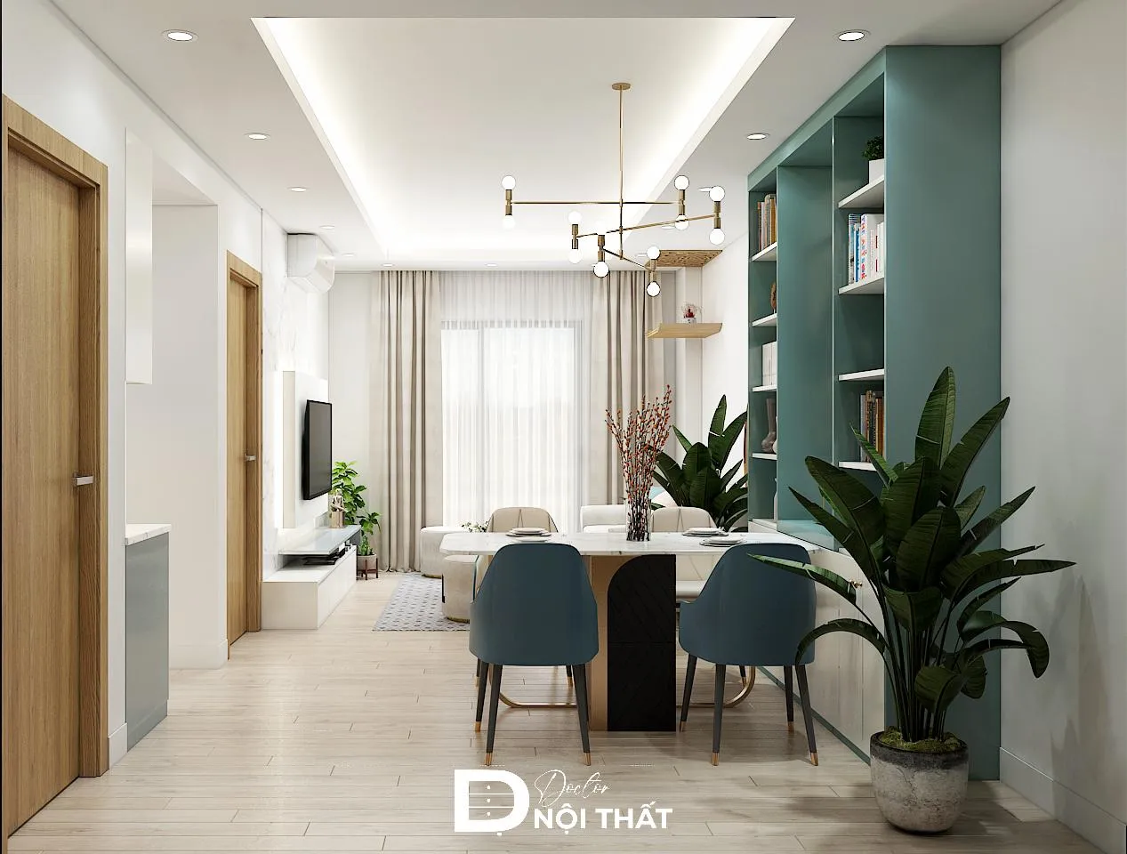 Mẫu thiết kế nội thất căn hộ chung cư 45m2 trang trí cây xanh