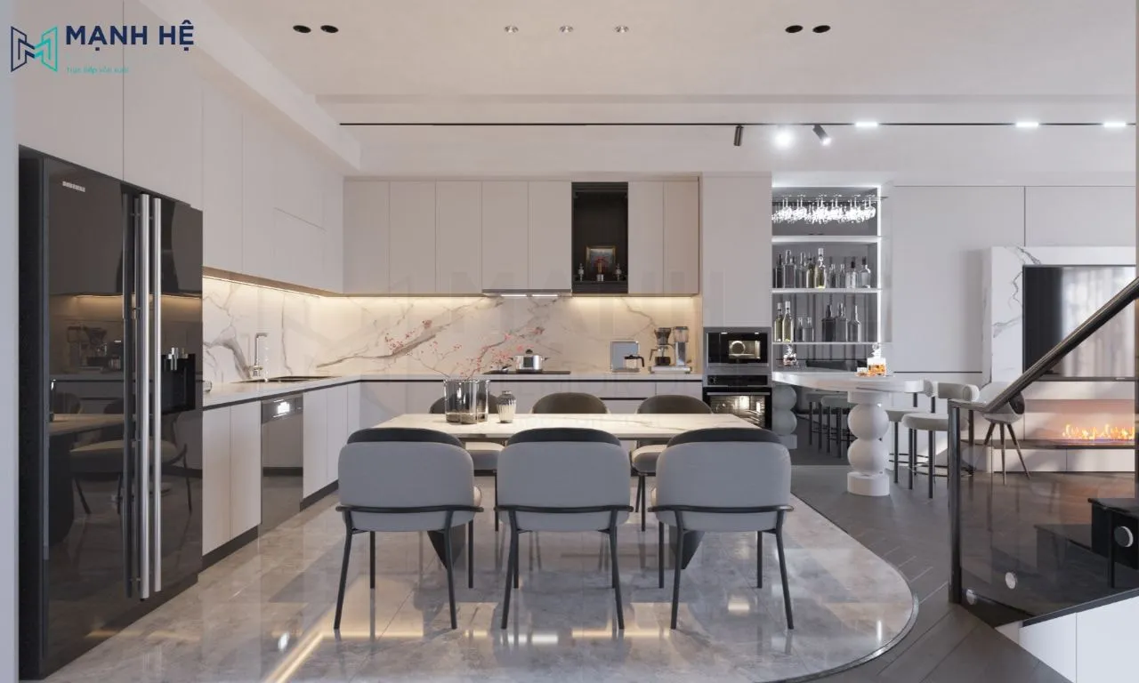 Hệ tủ bếp cao đựng trần màu trắng chữ L, bộ bàn ăn 6 ghế mặt đá vân mây