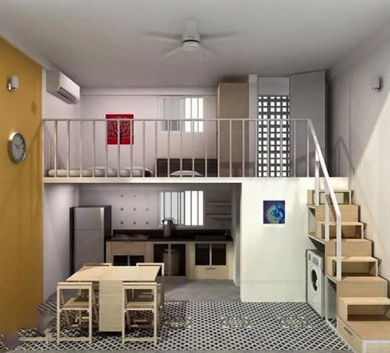 Nội thất phòng nhỏ gọn, hiện đại với gác lửng tiện nghi