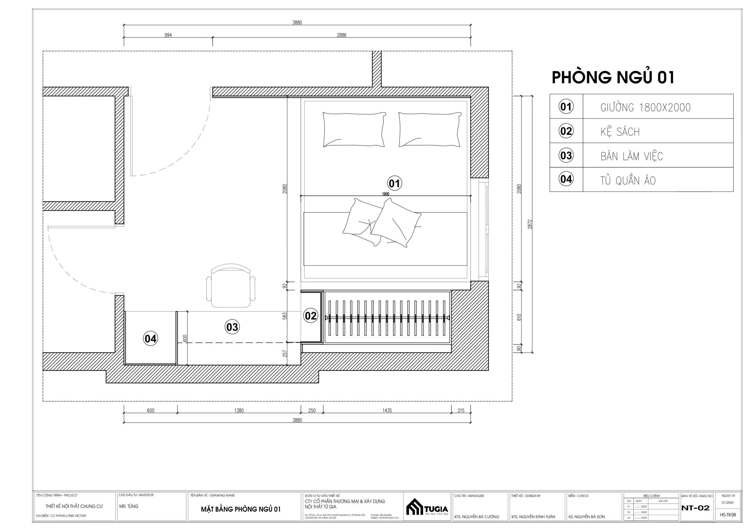 Bản thiết kế phòng ngủ sử dụng tông màu sáng giúp tăng hiệu ứng phản xạ ánh sáng tối đa