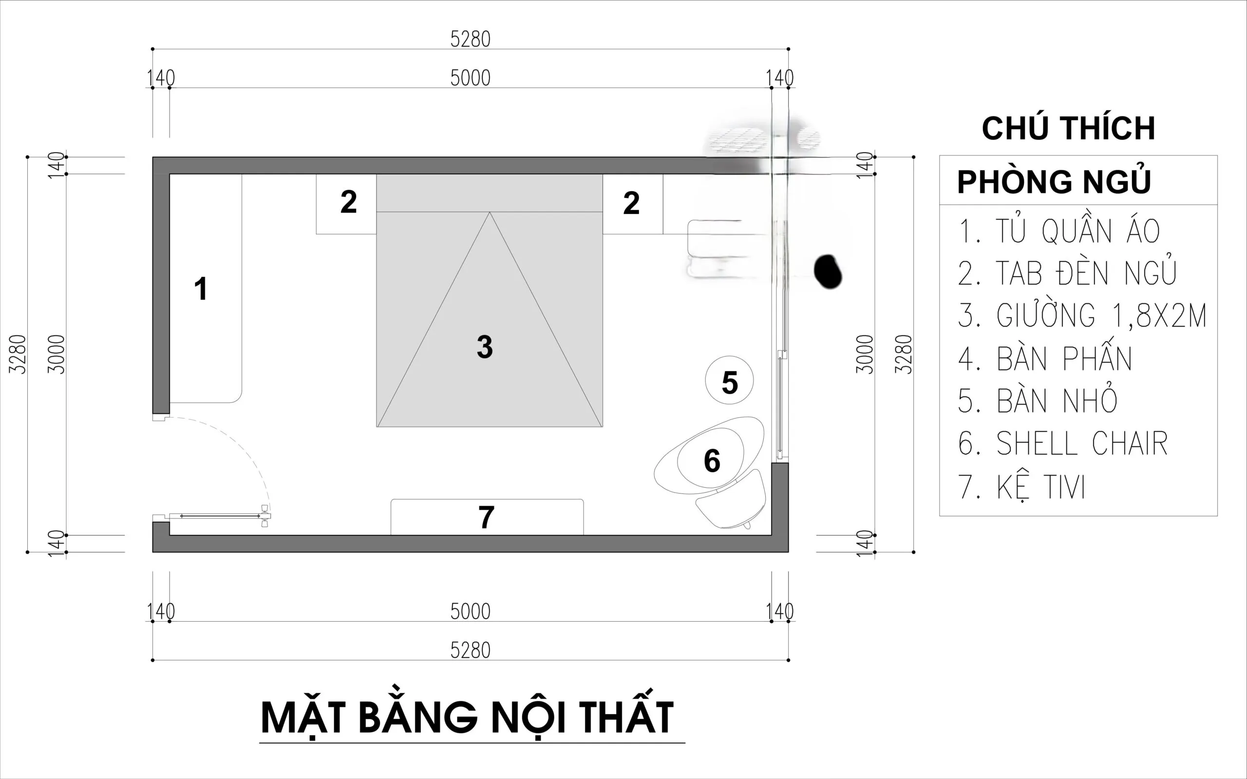 Bản thiết kế phòng ngủ 10m2 đầy đủ tiện nghi với hệ tủ âm tường và giường bục hiện đại