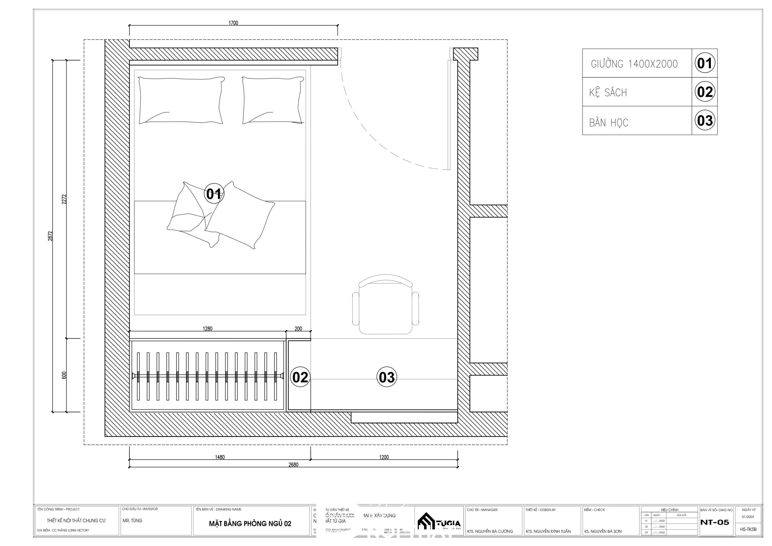 Bản thiết kế phòng ngủ tối giản sử dụng giường bục thông minh tích hợp ngăn kéo chứa đồ