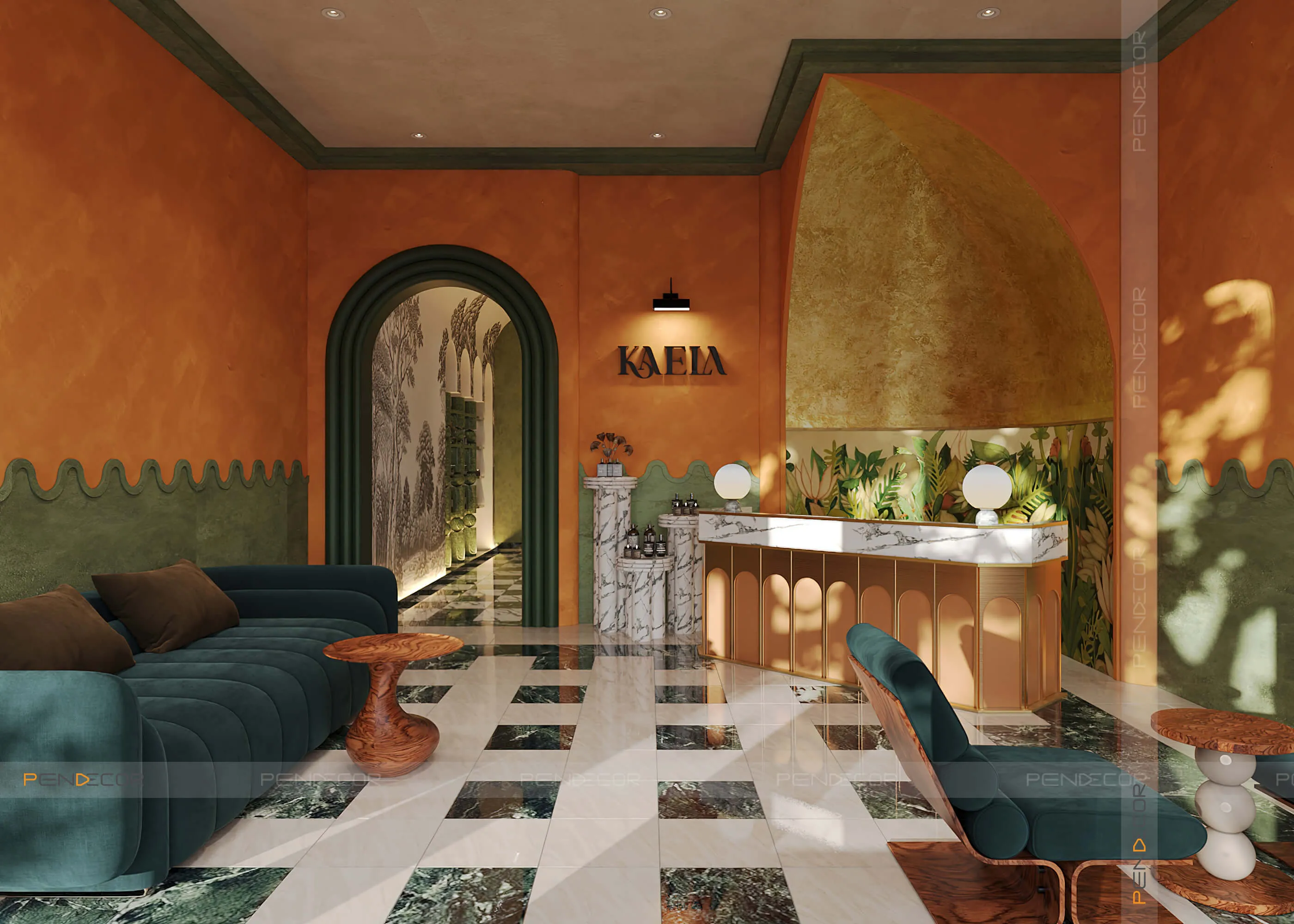 Phòng trị liệu với cửa vòm đặc trưng phong cách Địa Trung Hải kết hợp nội thất gỗ Bắc Âu