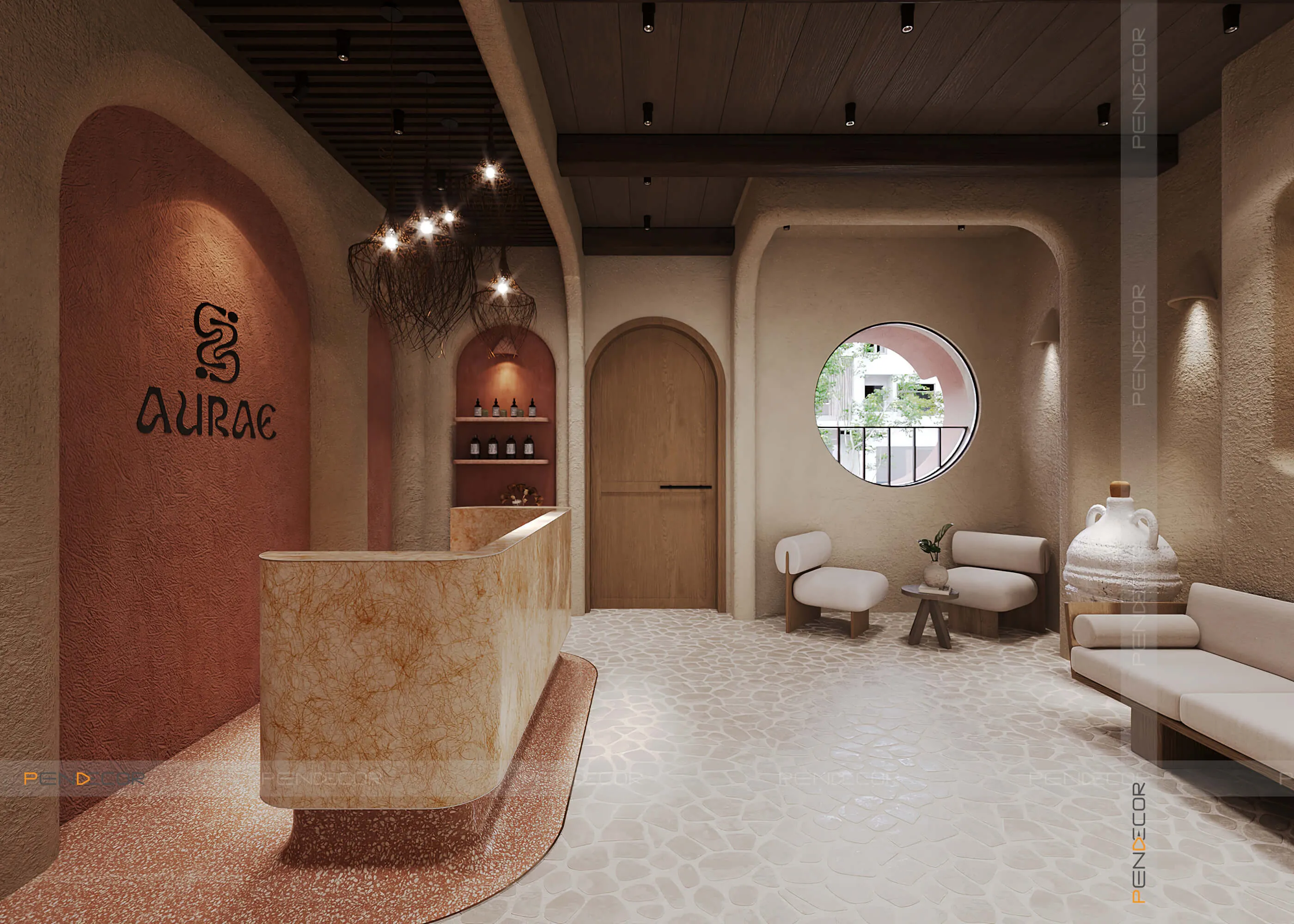 Hệ thống đèn trần hắt sáng dịu nhẹ trong phòng massage body