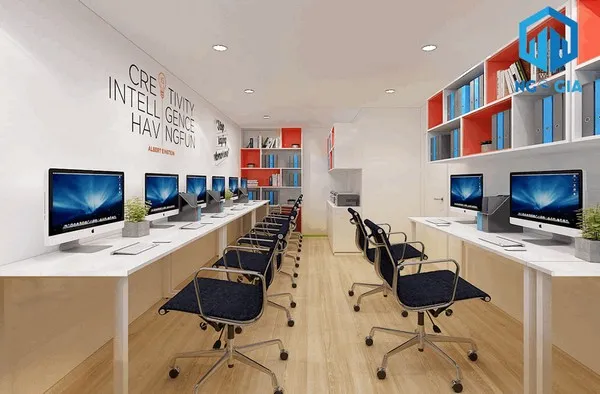 Mẫu 1 - Văn phòng được thiết kế thêm kệ sách tủ tài liệu gọn gàng