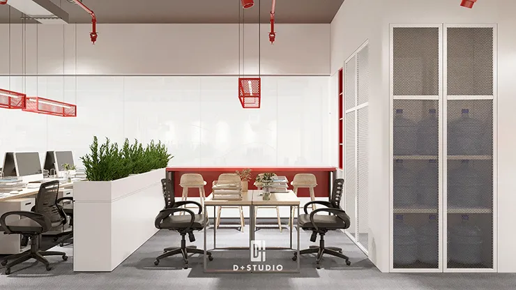 thiết kế văn phòng với bức tường xanh, vách ngăn xanh