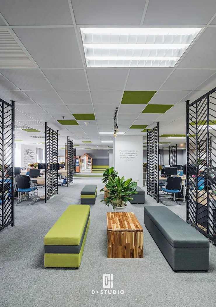 thiết kế văn phòng xanh với gam màu xanh chủ đạo