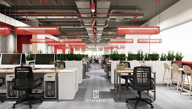 thiết kế văn phòng với bức tường xanh, vách ngăn xanh