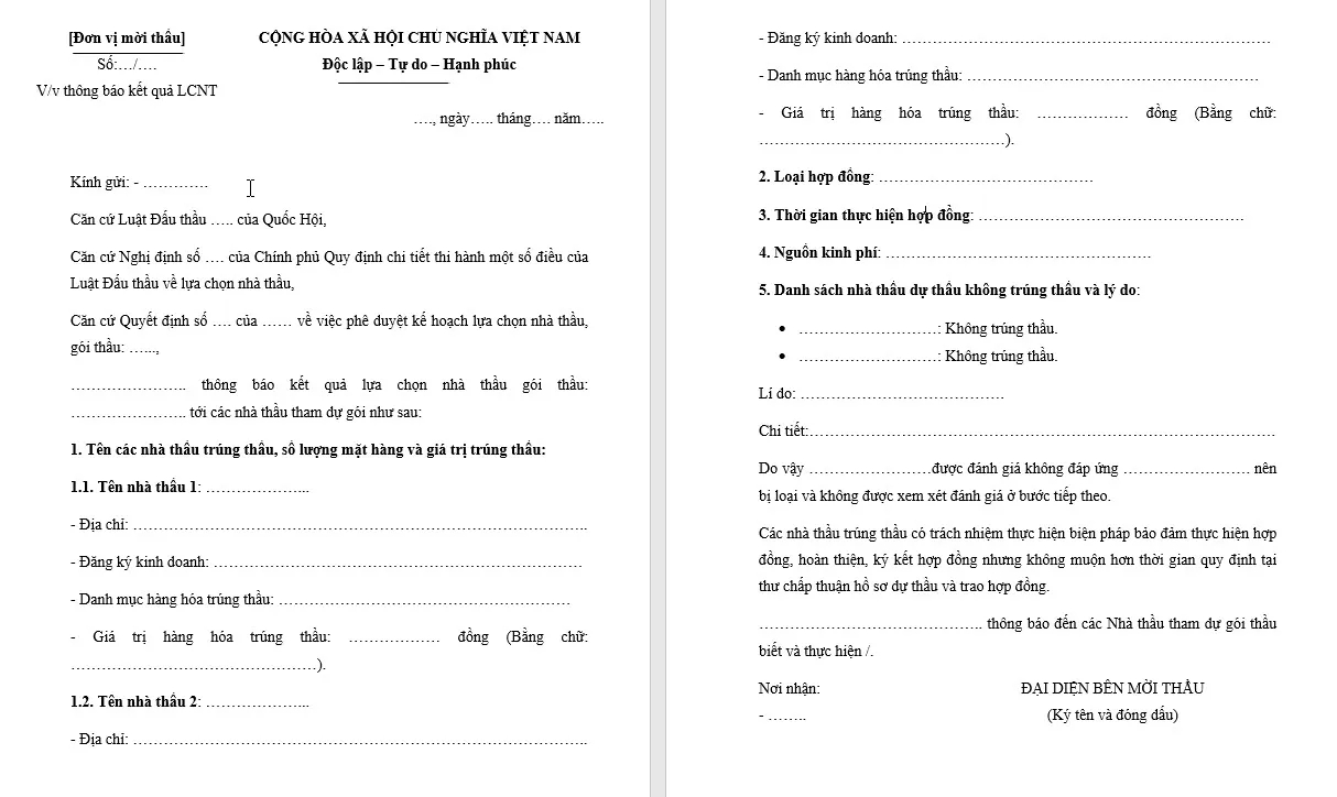 thông báo kết quả lựa chọn nhà thầu qua mạng