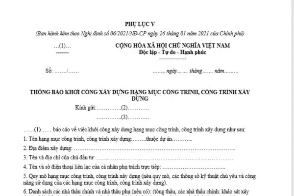Mẫu thông báo khởi công xây dựng nhà ở 2025
