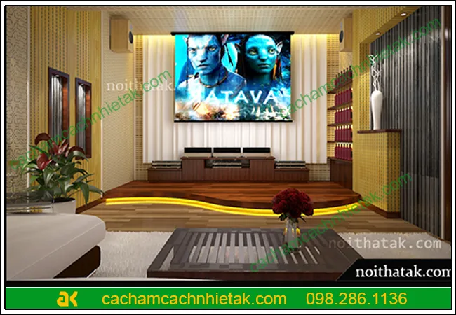 Gỗ tiêu âm rãnh kết hợp bông khoáng xử lý tường phòng karaoke